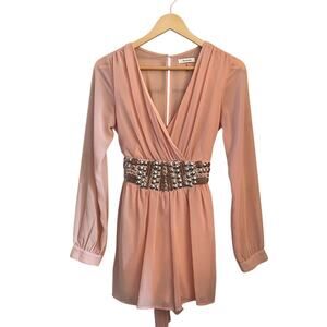 Parvenue Blush Long Sleeve Romper Embellished Studded Waist – Size M